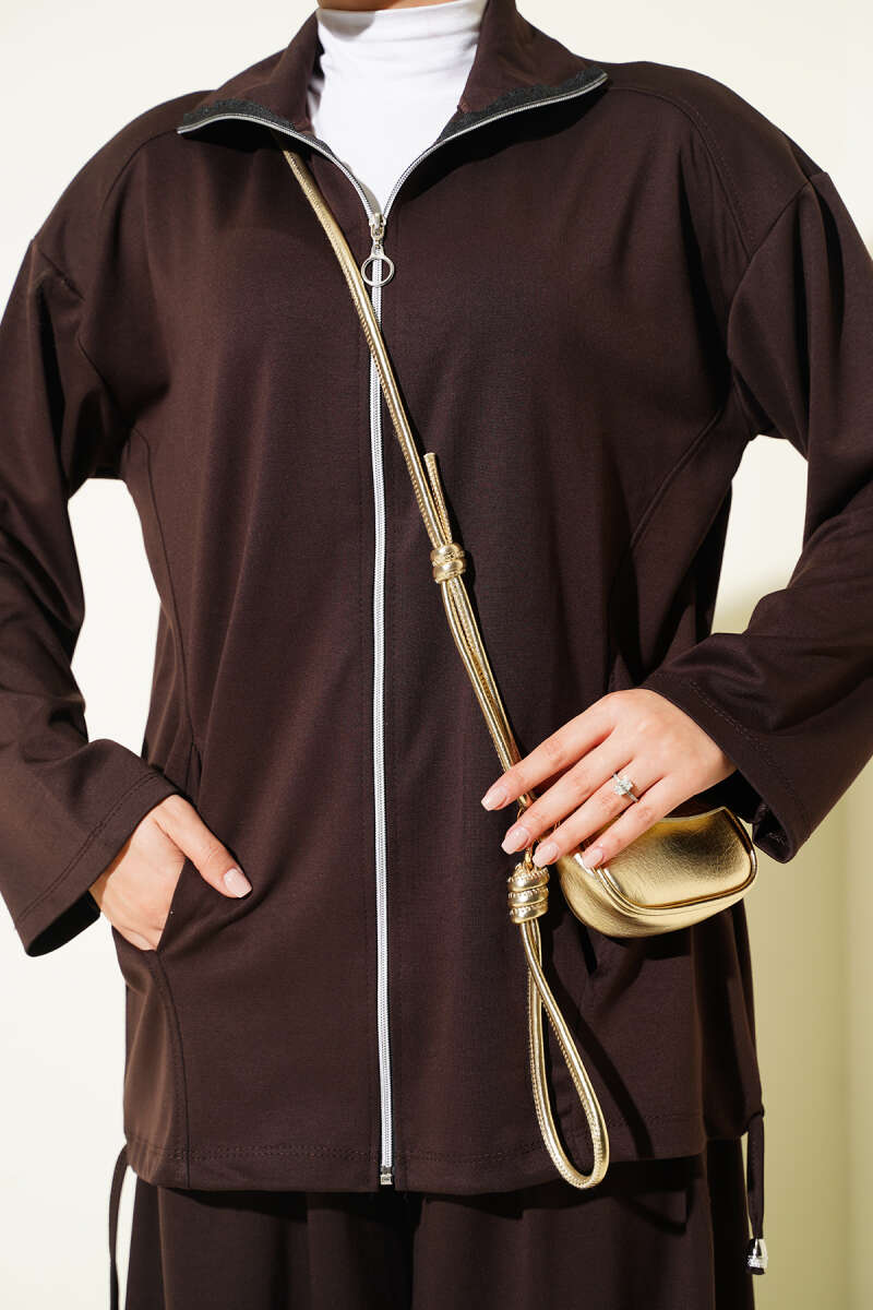 Zip-up Jogger Pants and Top Two-Piece Set Brown - Image 4