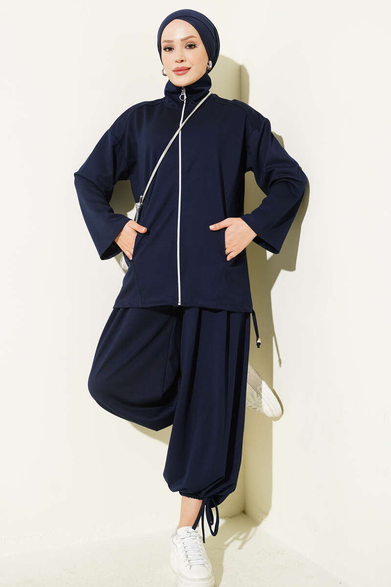 Zip-up Jogger Pants and Top Two-Piece Set Navy Blue
