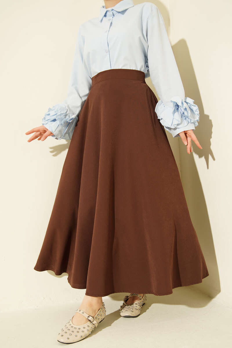 Zippered Tencel Flared Skirt Brown