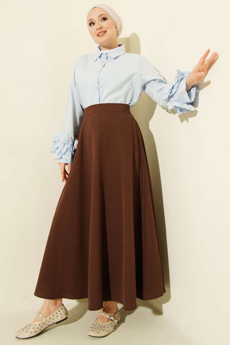 Zippered Tencel Flared Skirt Brown – Image 2