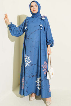 Ruffled Detail Floral Print Dress Blue