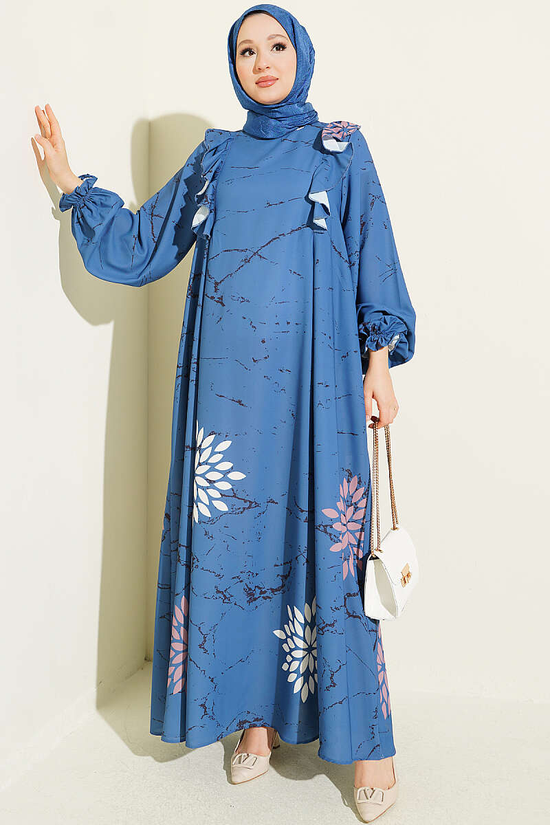 Ruffled Detail Floral Print Dress Blue