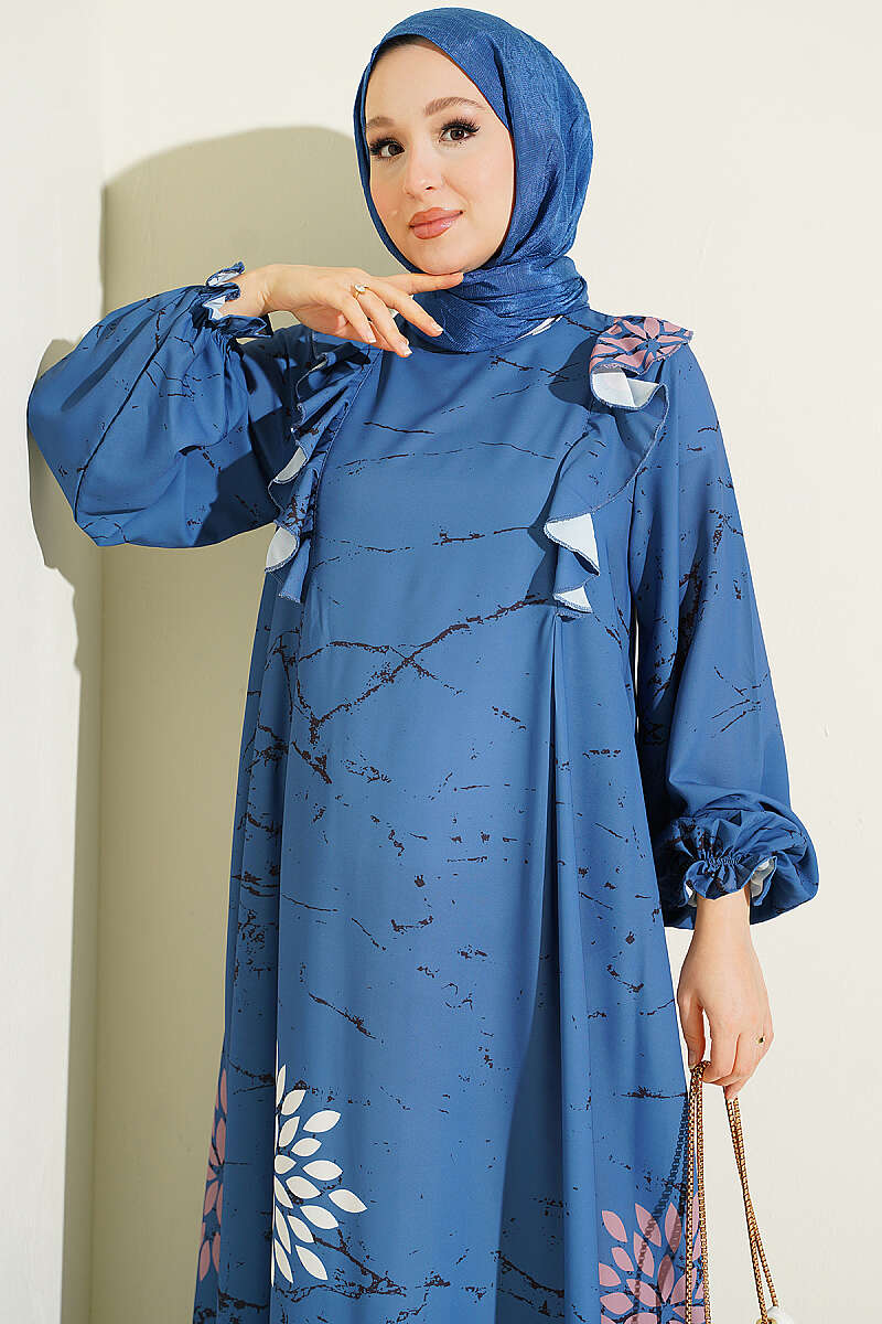 Ruffled Detail Floral Print Dress Blue - الصورة 2