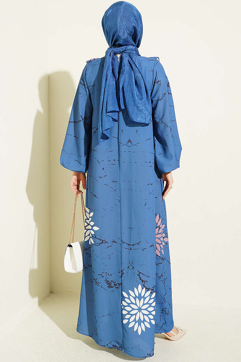 Ruffled Detail Floral Print Dress Blue - الصورة 3