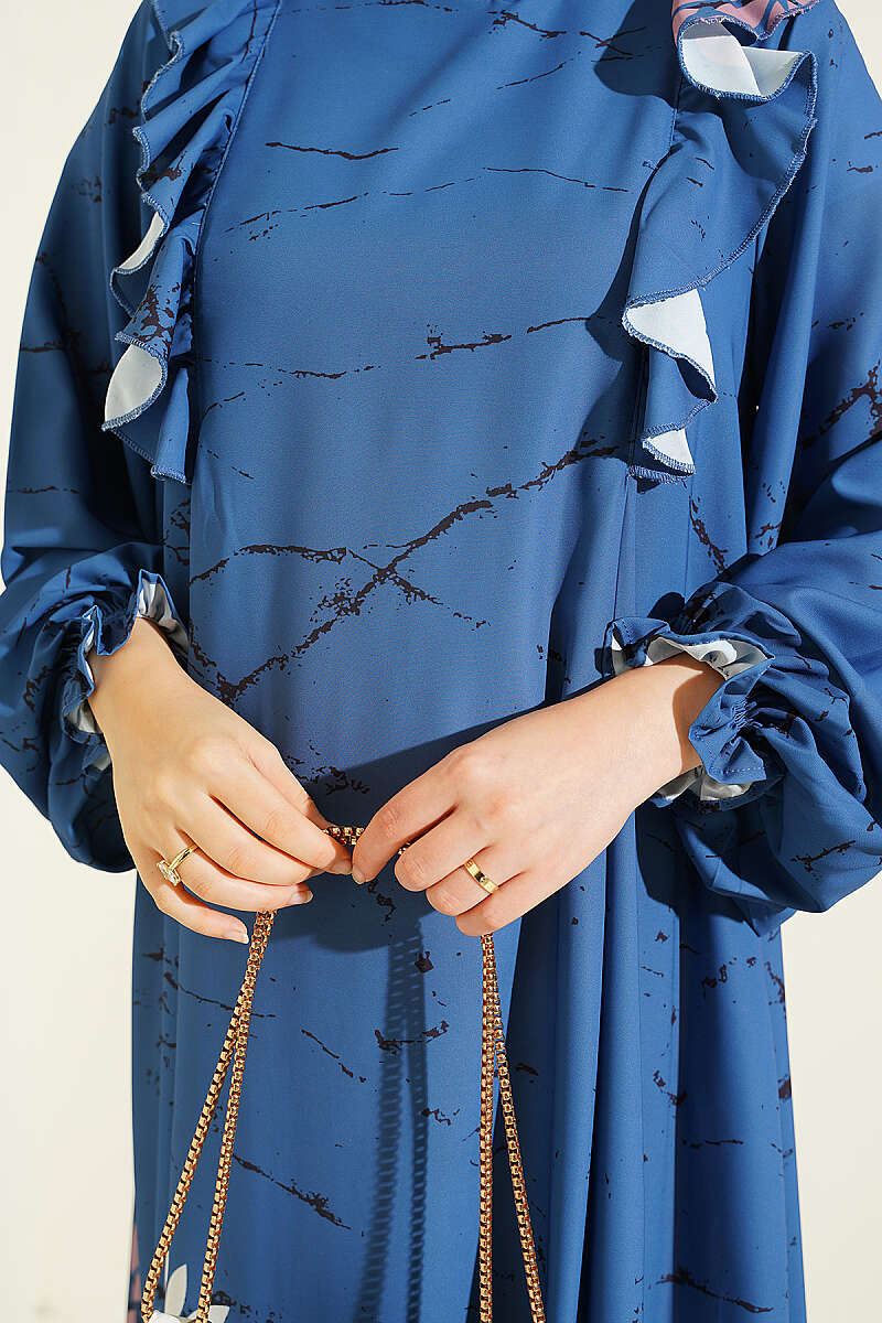 Ruffled Detail Floral Print Dress Blue - الصورة 4