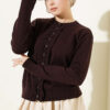 Ruffled Button-Detail Knit Cardigan Dark Brown