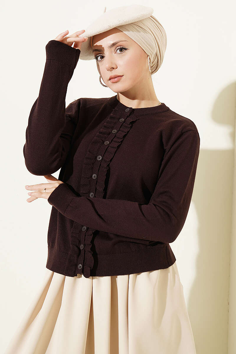 Ruffled Button-Detail Knit Cardigan Dark Brown