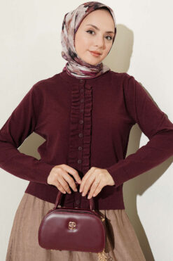 Ruffled Button-Detail Knit Cardigan Burgundy
