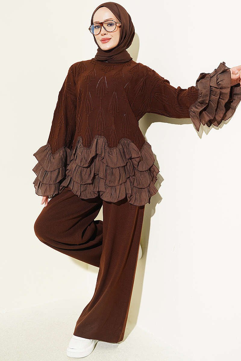 Hemmed edge detail French terry two-piece set Brown – Image 5
