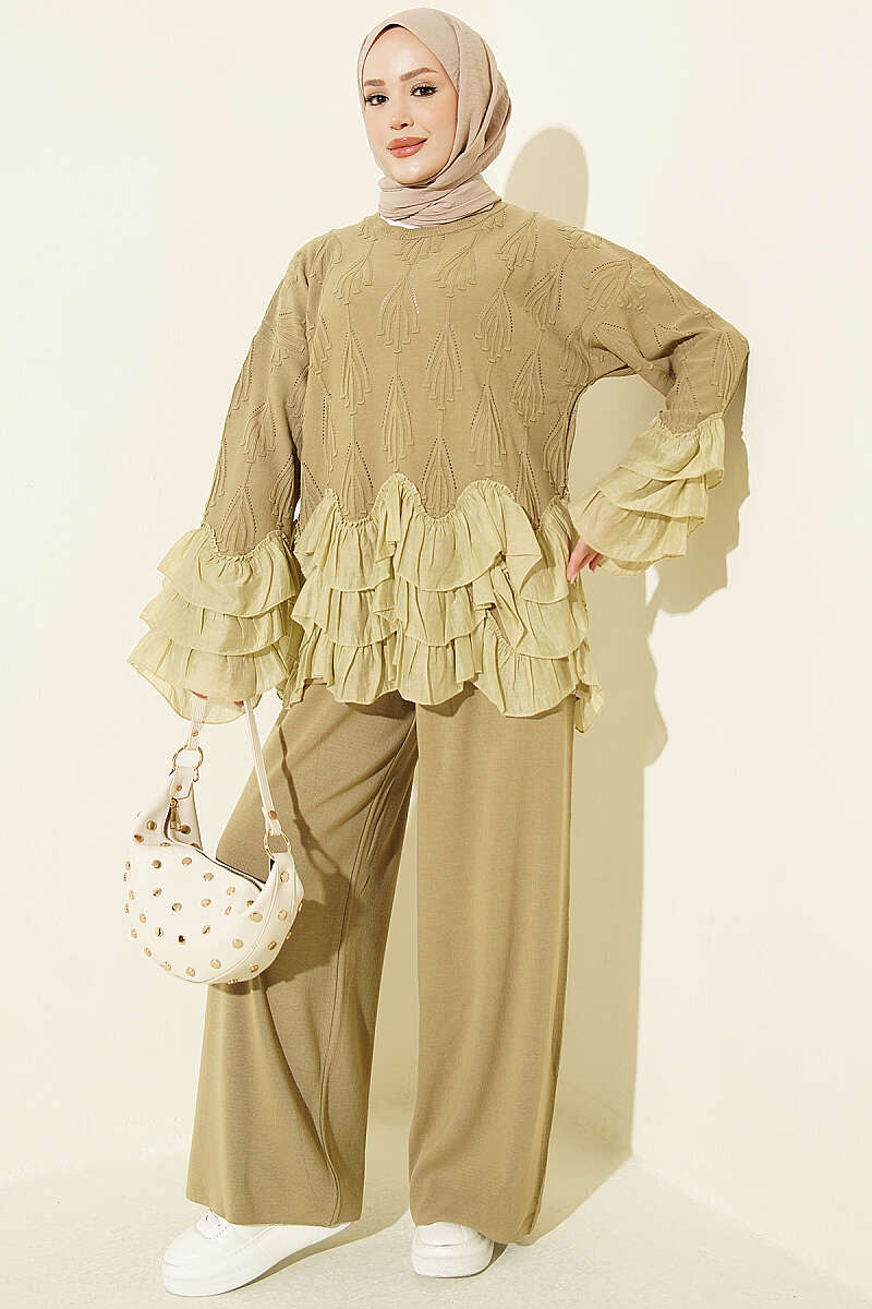 Ruffled Trim French Terry Two-Piece Set Oil Green