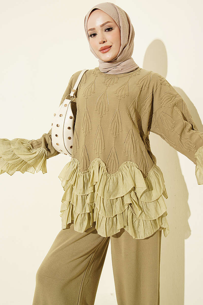 Ruffled Trim French Terry Two-Piece Set Oil Green - Imagen 2