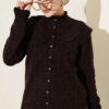 Ruffled Collar Buttoned Knit Cardigan Brown