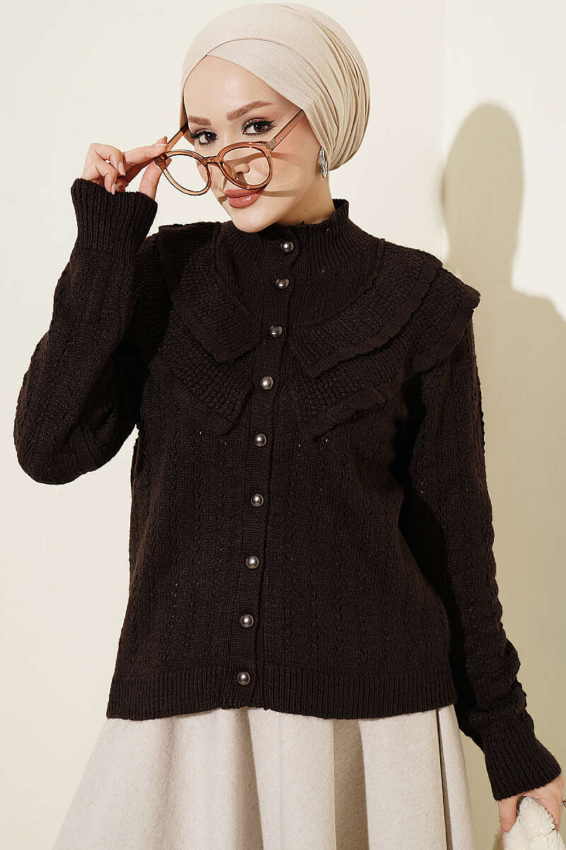 Ruffled Collar Buttoned Knit Cardigan Brown