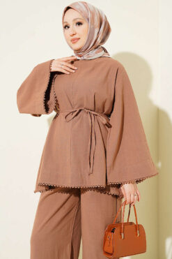 Alternative view of Linen Two-Piece Set with Fisto Detail and Wide Sleeves Latte