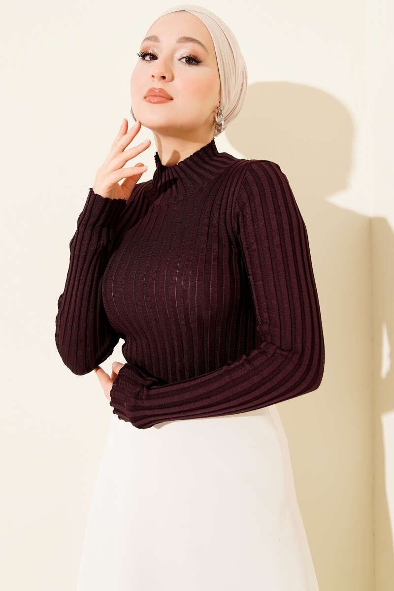 Ribbed Stretch Knit Sweater Plum