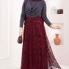 Asymmetrical Cut Tulle Skirt with Velvet Print Burgundy – Image 4