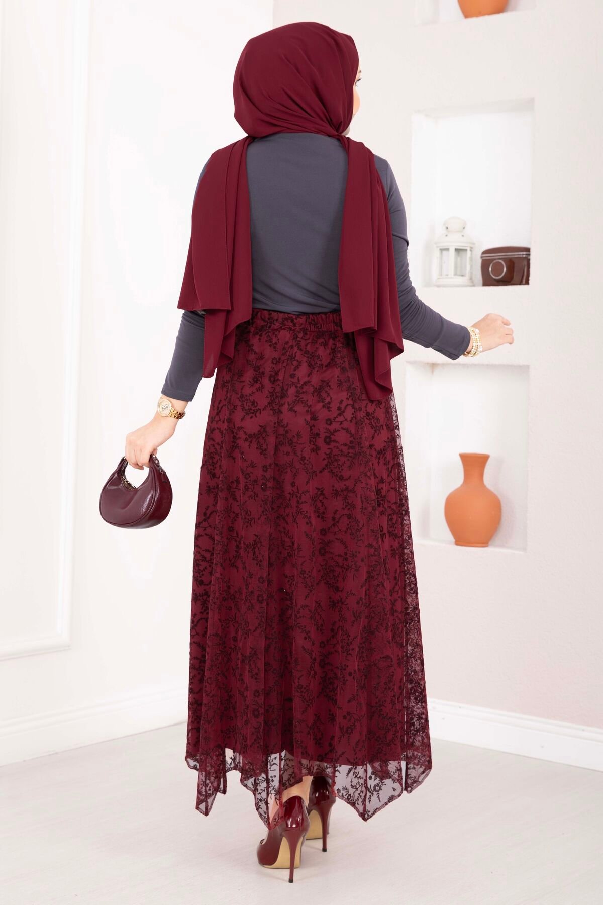 Asymmetrical Cut Tulle Skirt with Velvet Print Burgundy – Image 5
