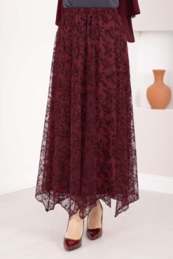 Alternative view of Asymmetrical Cut Tulle Skirt with Velvet Print Burgundy