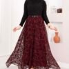 Asymmetrical Cut Tulle Skirt with Velvet Print Plum