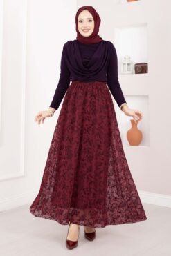 Lined Tulle Skirt with Velvet Print Burgundy