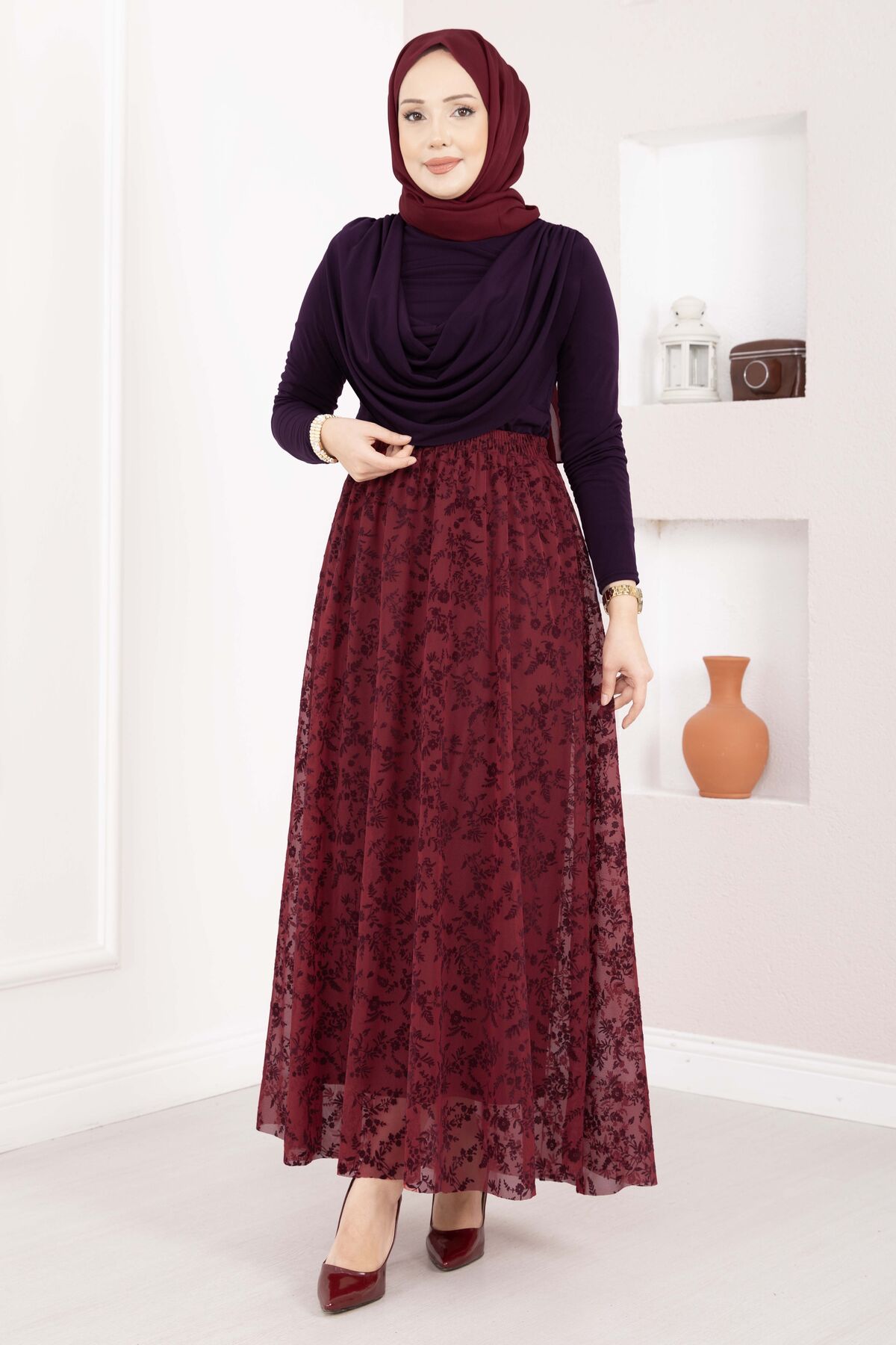 Lined Tulle Skirt with Velvet Print Burgundy - الصورة 3