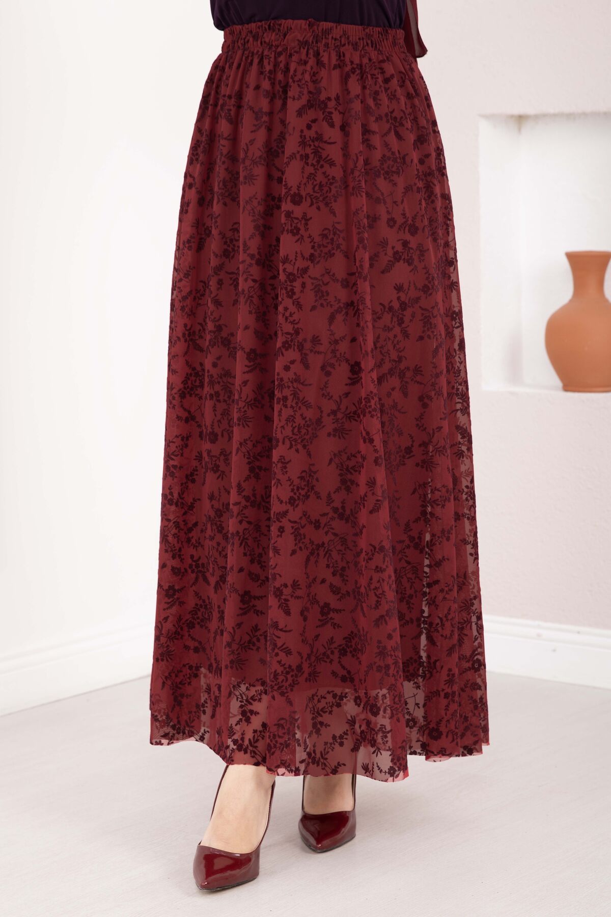 Lined Tulle Skirt with Velvet Print Burgundy - الصورة 2