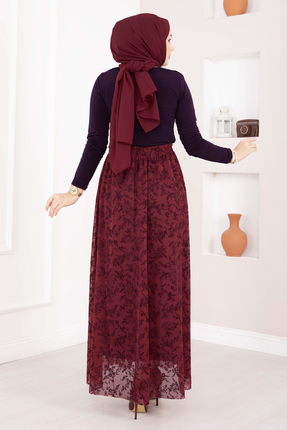 Lined Tulle Skirt with Velvet Print Burgundy - الصورة 4