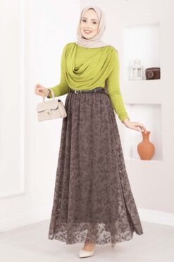 Lined Tulle Skirt with Velvet Print Brown