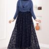 Lined Tulle Skirt with Velvet Print Navy Blue - Image 3