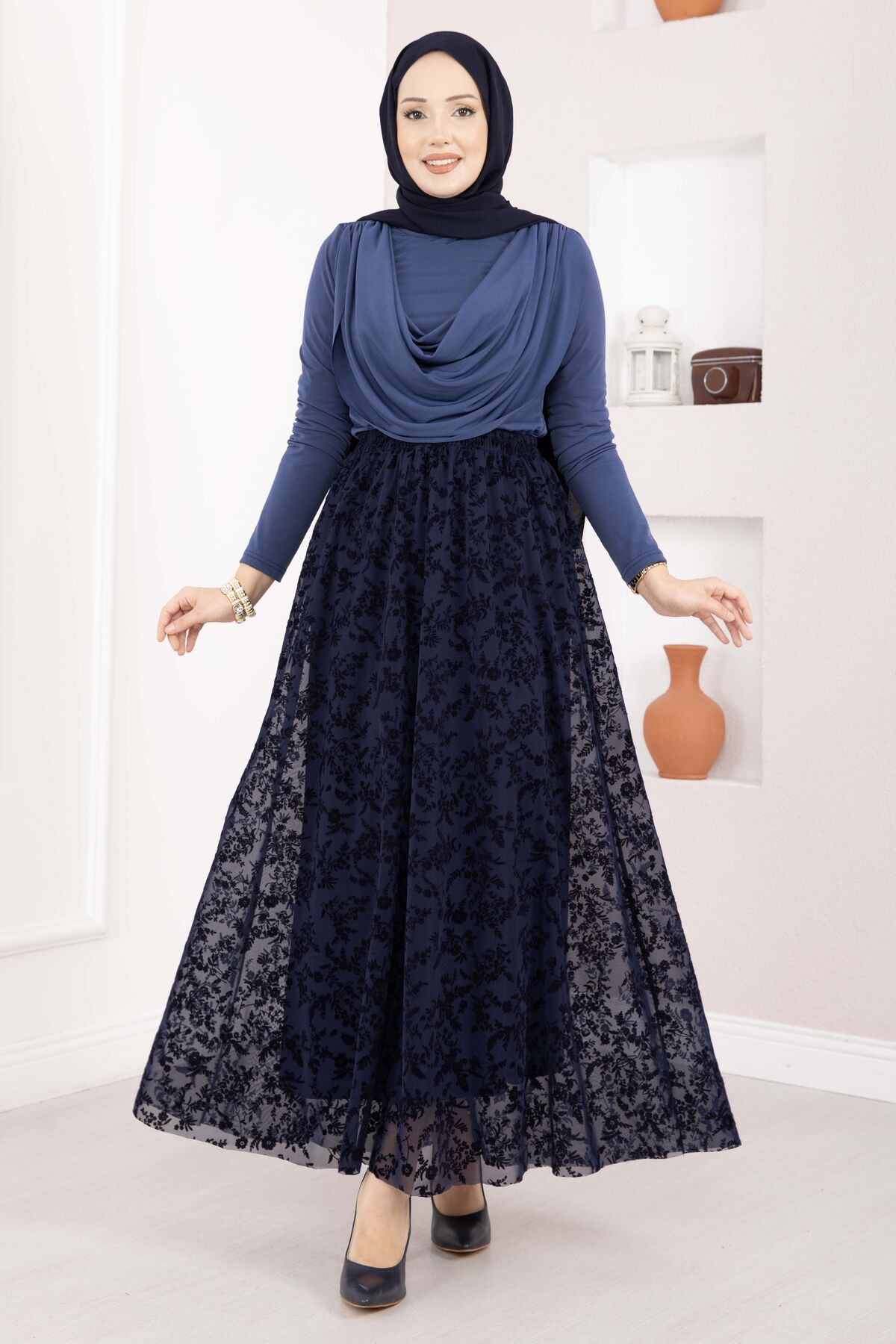 Lined Tulle Skirt with Velvet Print Navy Blue - Image 3