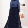 Lined Tulle Skirt with Velvet Print Navy Blue