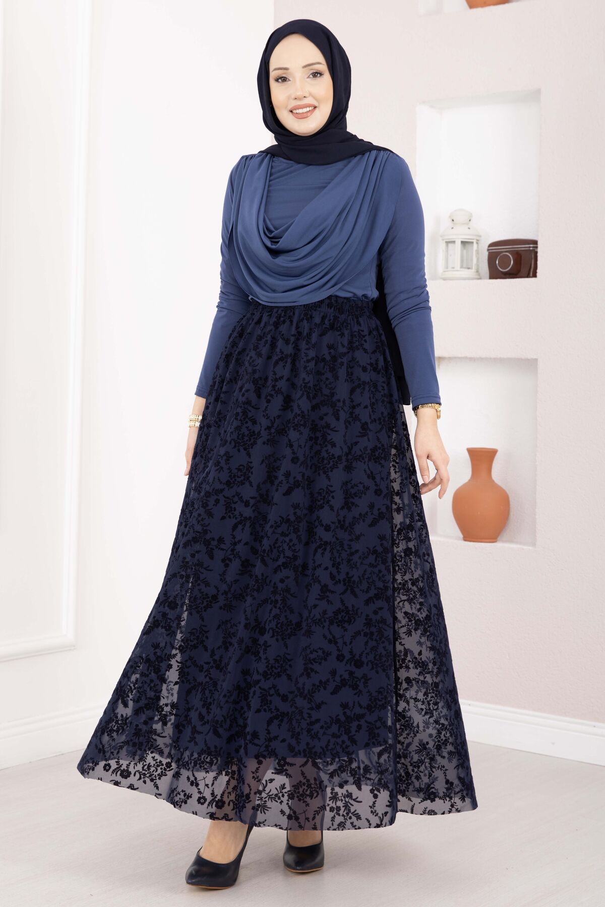 Lined Tulle Skirt with Velvet Print Navy Blue