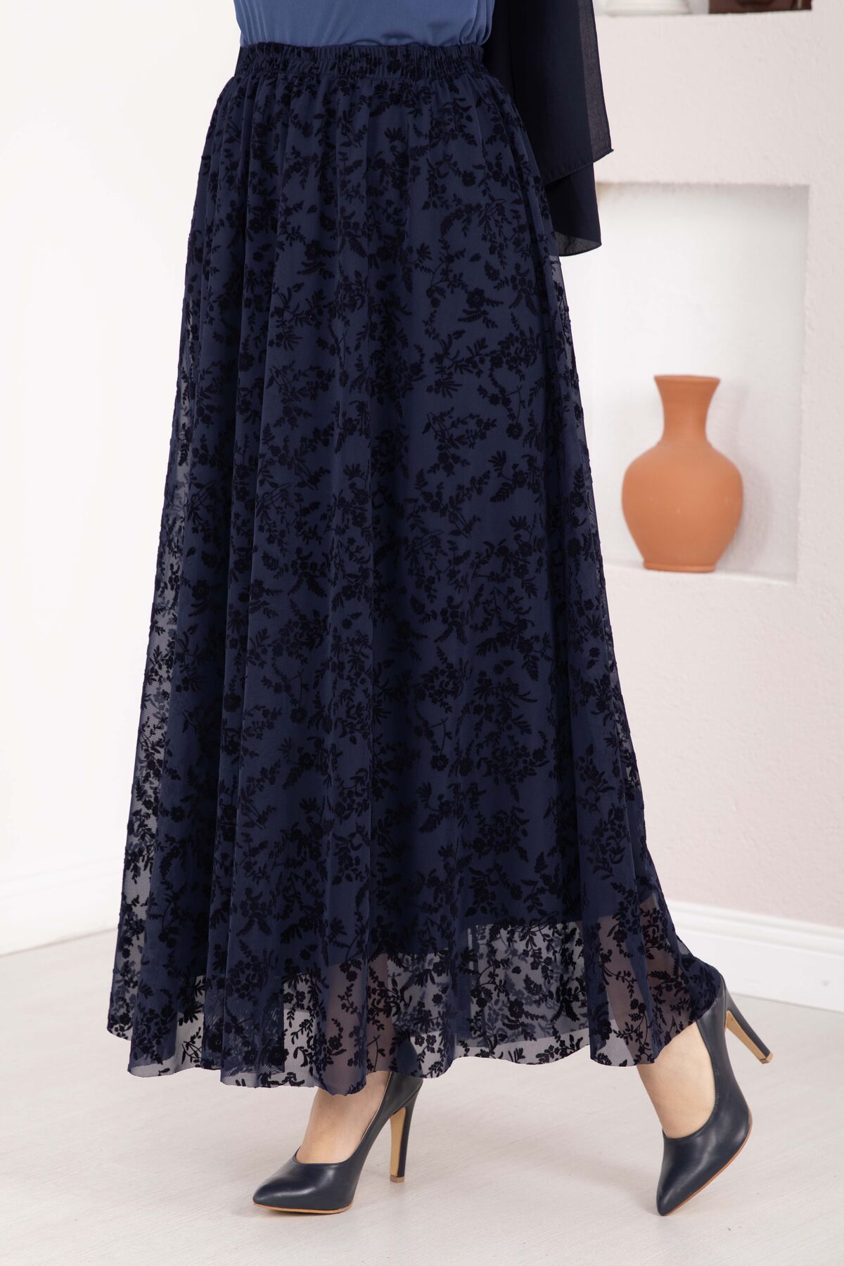 Lined Tulle Skirt with Velvet Print Navy Blue - Image 2