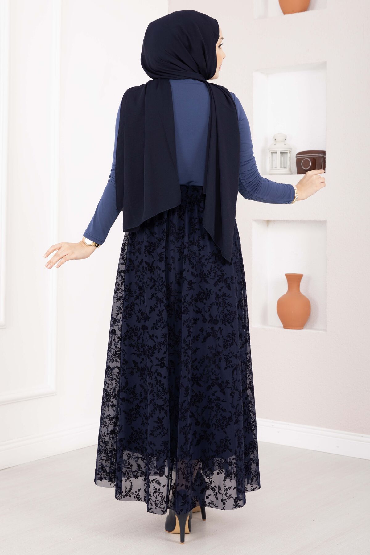 Lined Tulle Skirt with Velvet Print Navy Blue - Image 4