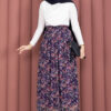 Floral Print Elastic Waist Chiffon Tulle Skirt with Hem Edge Navy Blue – Image 3