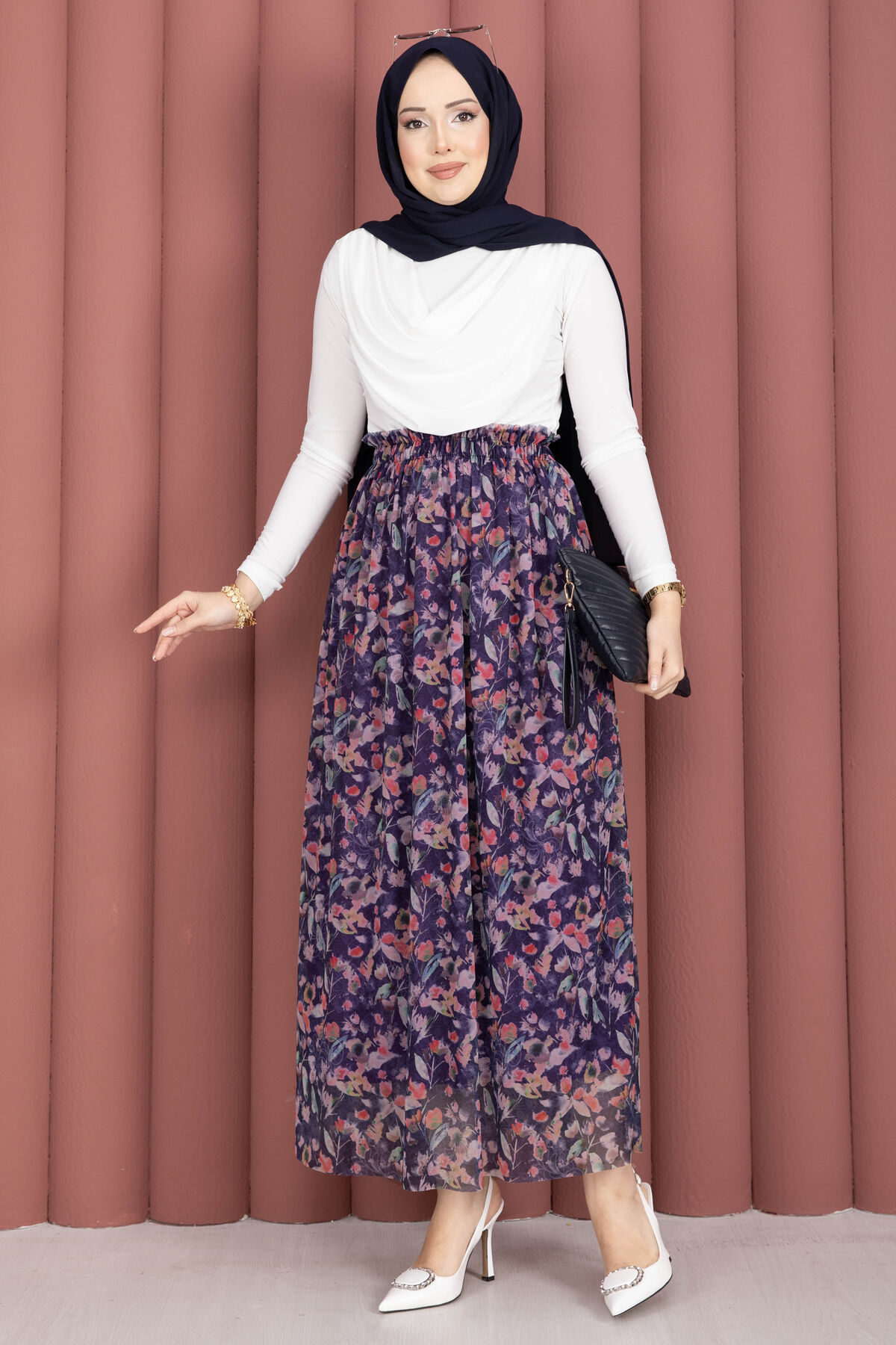 Floral Print Elastic Waist Chiffon Tulle Skirt with Hem Edge Navy Blue – Image 3
