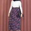 Floral Print Elastic Waist Chiffon Tulle Skirt with Hem Edge Navy Blue – Image 4