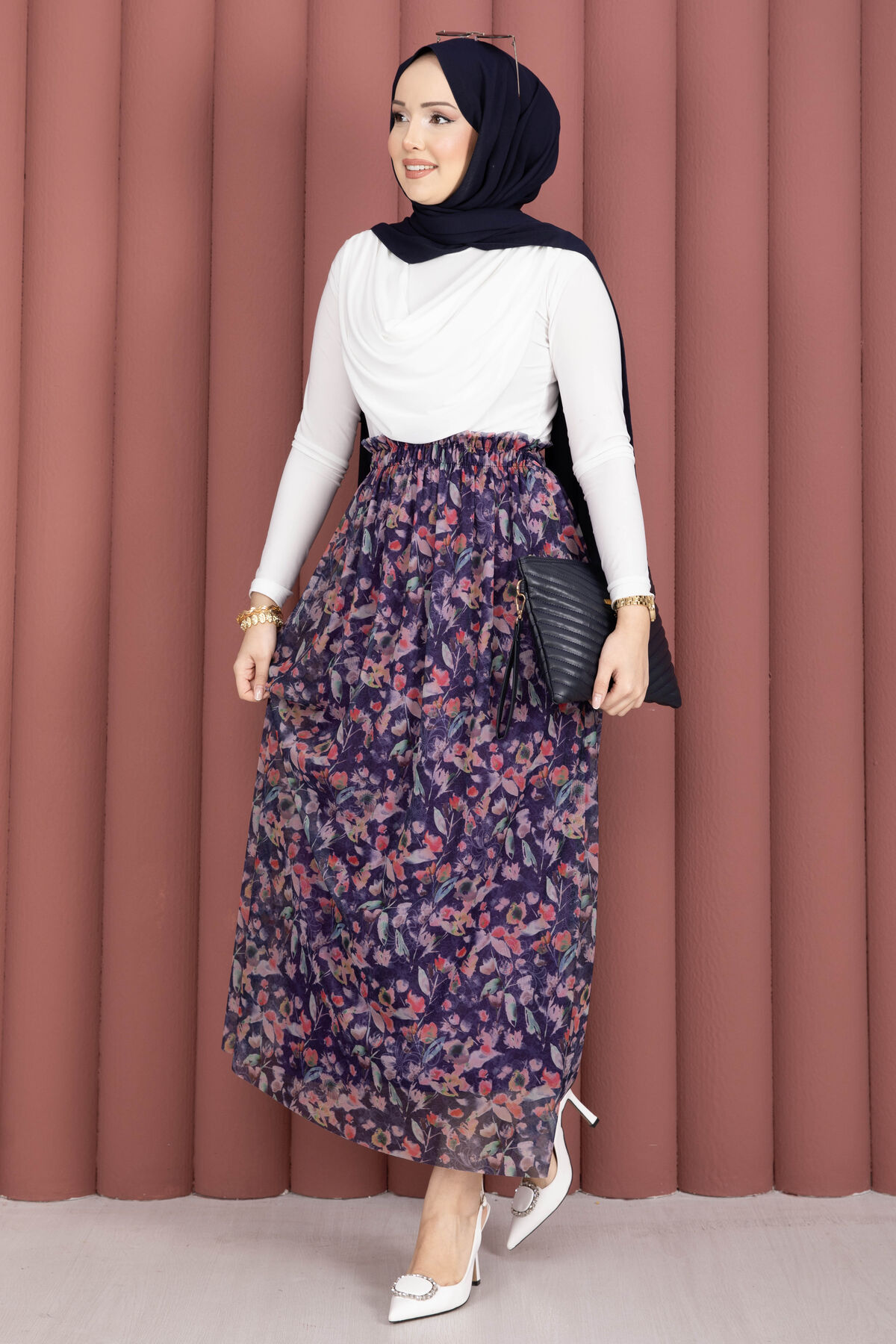 Floral Print Elastic Waist Chiffon Tulle Skirt with Hem Edge Navy Blue – Image 4