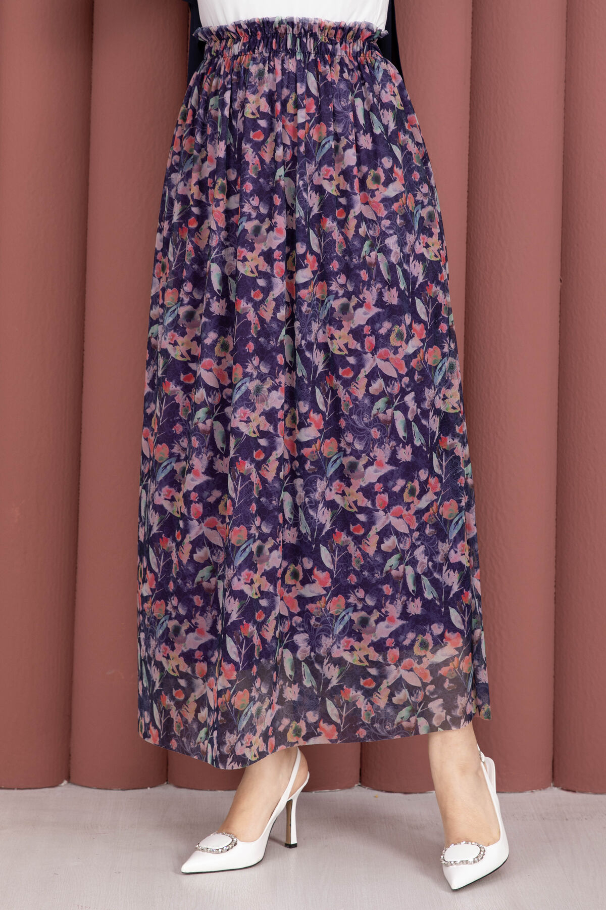 Floral Print Elastic Waist Chiffon Tulle Skirt with Hem Edge Navy Blue – Image 2