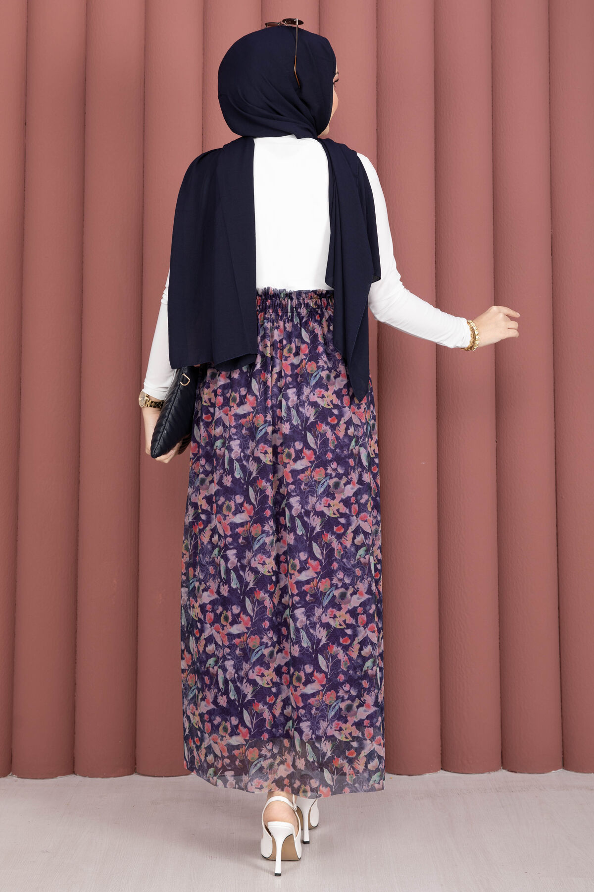 Floral Print Elastic Waist Chiffon Tulle Skirt with Hem Edge Navy Blue – Image 5