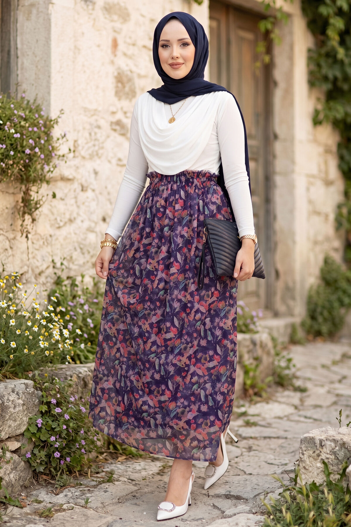 Floral Print Elastic Waist Chiffon Tulle Skirt with Hem Edge Navy Blue