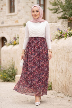 Floral Print Elastic Waist Chiffon Tulle Skirt with Hem Edge Plum