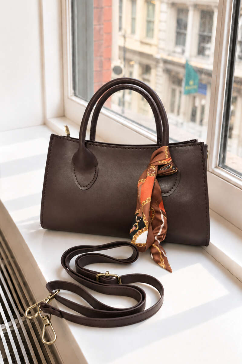 Strap-Handled Bag with Scarf Detail Brown