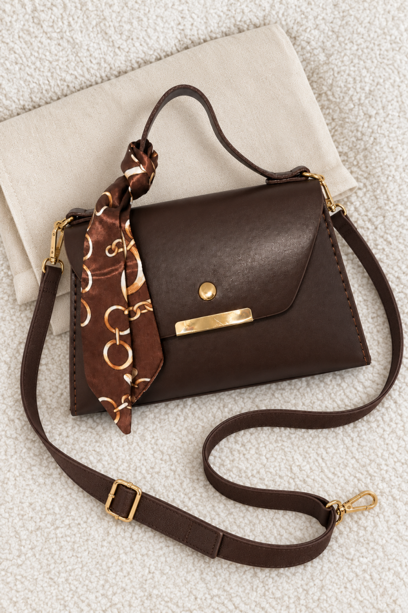 Scarf-Accented Box Bag Dark Brown