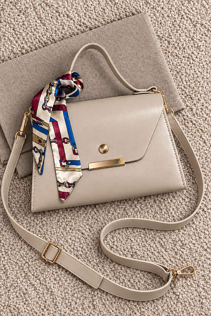 Scarf-Accented Box Bag Beige
