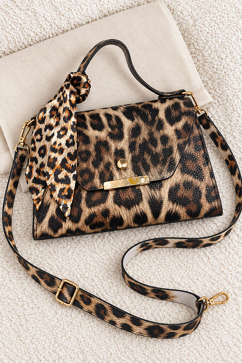 Scarf-Accented Box Bag Leopard