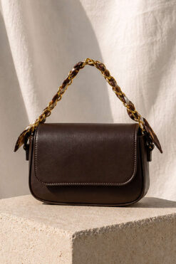 Rectangular Bag with Scarf and Chain Detail Dark Brown