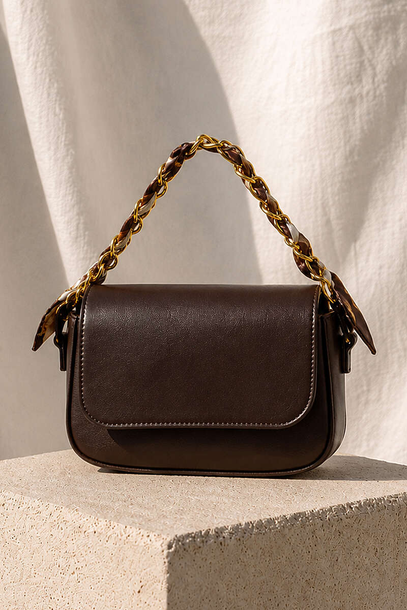 Rectangular Bag with Scarf and Chain Detail Dark Brown