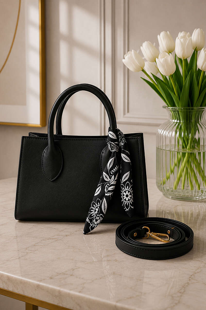 Rectangular Handbag with Scarf Black
