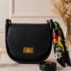 Scarf-Embellished Lock Detail Oval Bag Black